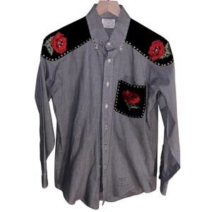 VINTAGE CAREER CLUB suede patch western rhinestone cowgirl button up 15 1/2